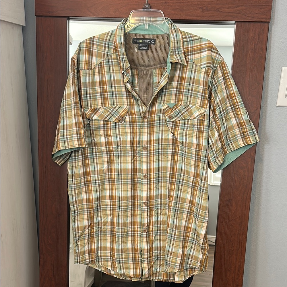 ExOfficio Men's Plaid Short Sleeve Shirt - Green and Brown